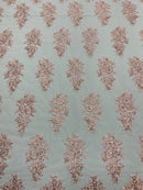 Flower Lace Fabric - Pink - Fancy Embroidery Design With Sequins on a Mesh
