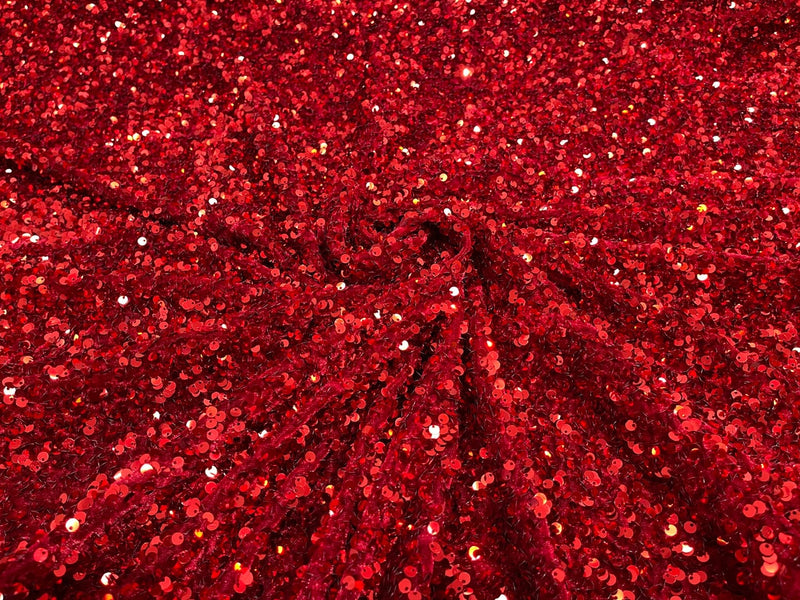 Velvet Stretch Sequins - Red on Cranberry - Sequins 2 Way Stretch Velvet Fabric 58/60”