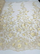 Flower 3D Fabric - Champagne - Embroided Fabric Flower Pearls and Leaf Decor by Yard