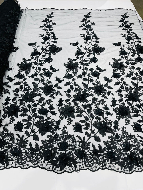 Flower 3D Fabric - Black - Embroided Fabric Flower Pearls and Leaf Decor Sold by The Yard