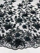 Flower 3D Fabric - Black - Embroided Fabric Flower Pearls and Leaf Decor Sold by The Yard