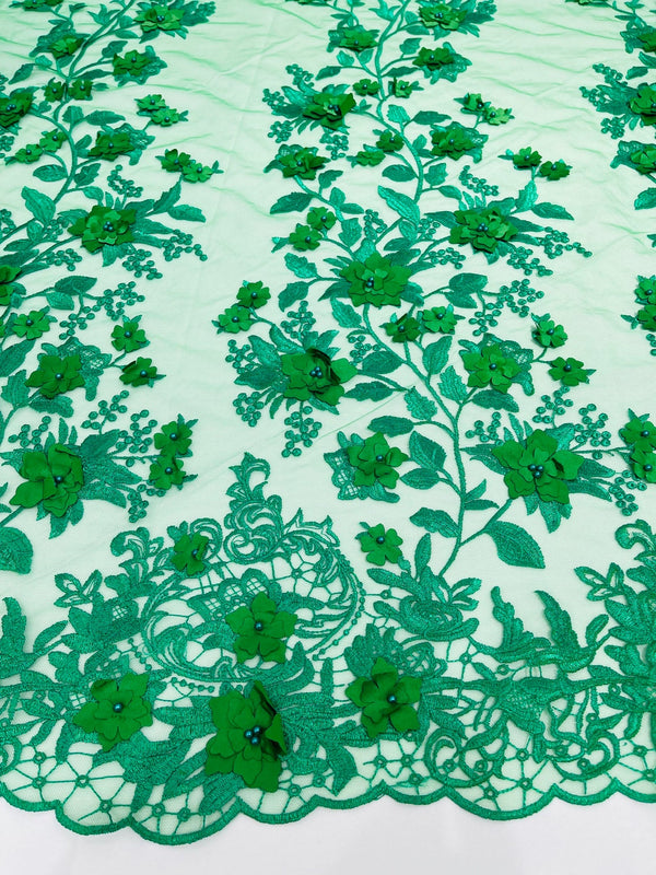 Flower 3D Fabric - Emerald Green - Embroided Fabric Flower Pearls and Leaf Decor Sold by The Yard