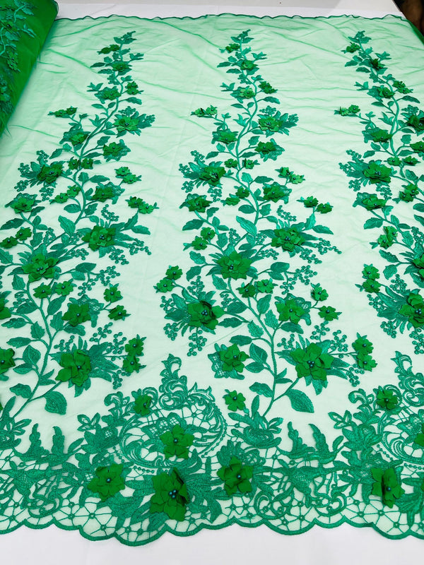 Flower 3D Fabric - Emerald Green - Embroided Fabric Flower Pearls and Leaf Decor Sold by The Yard