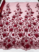Flower 3D Fabric - Burgundy - Embroided Fabric Flower Pearls and Leaf Decor Sold by The Yard