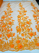 Flower 3D Fabric - Orange - Embroided Fabric Flower Pearls and Leaf Decor Sold by The Yard