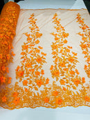 Flower 3D Fabric - Orange - Embroided Fabric Flower Pearls and Leaf Decor Sold by The Yard