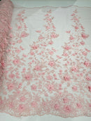 Flower 3D Fabric - Pink - Embroided Fabric Flower Pearls and Leaf Decor Sold by The Yard