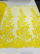 Flower 3D Fabric - Yellow - Embroided Fabric Flower Pearls and Leaf Decor by Yard