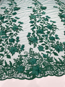 Flower 3D Fabric - Hunter Green - Embroided Fabric Flower Pearls and Leaf Decor by Yard