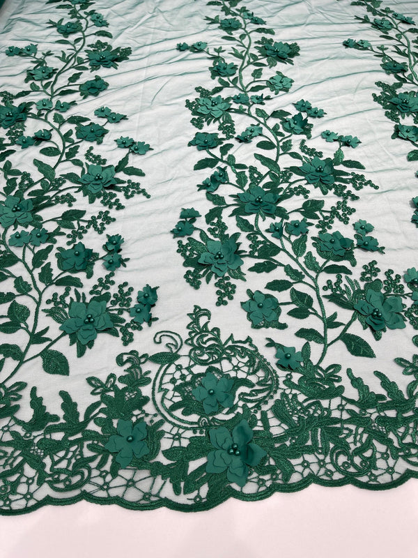 Flower 3D Fabric - Hunter Green - Embroided Fabric Flower Pearls and Leaf Decor by Yard