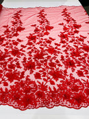 Flower 3D Fabric - Red - Embroided Fabric Flower Pearls and Leaf Decor Sold by The Yard
