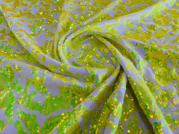 Iridescent Sequins Fabric - Neon Yellow - Two Tone Sequins Fabrics By Yard