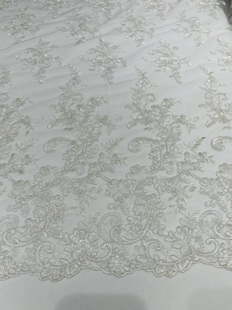 Lace Flower Cluster Fabric - White - Embroidered Flower With Sequins on a Mesh Lace Fabric By Yard