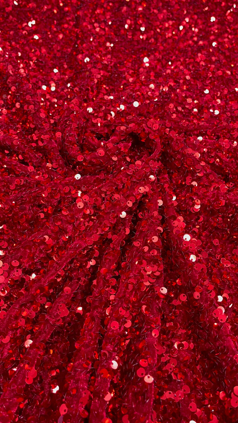 Velvet Stretch Sequins - Red on Cranberry - Sequins 2 Way Stretch Velvet Fabric 58/60”