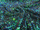 Velvet Stretch Sequins - Iridescent Green/Blue Sequins on Black 2 Way Stretch Velvet Fabric 58/60”