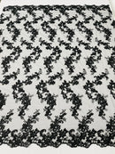 Floral Lace Fabric - White - Embroidered Flower Clusters with Sequins on a Mesh Lace By Yard