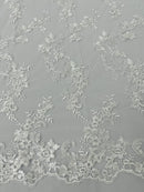 Floral Lace Fabric - White - Embroidered Flower Clusters with Sequins on a Mesh Lace By Yard