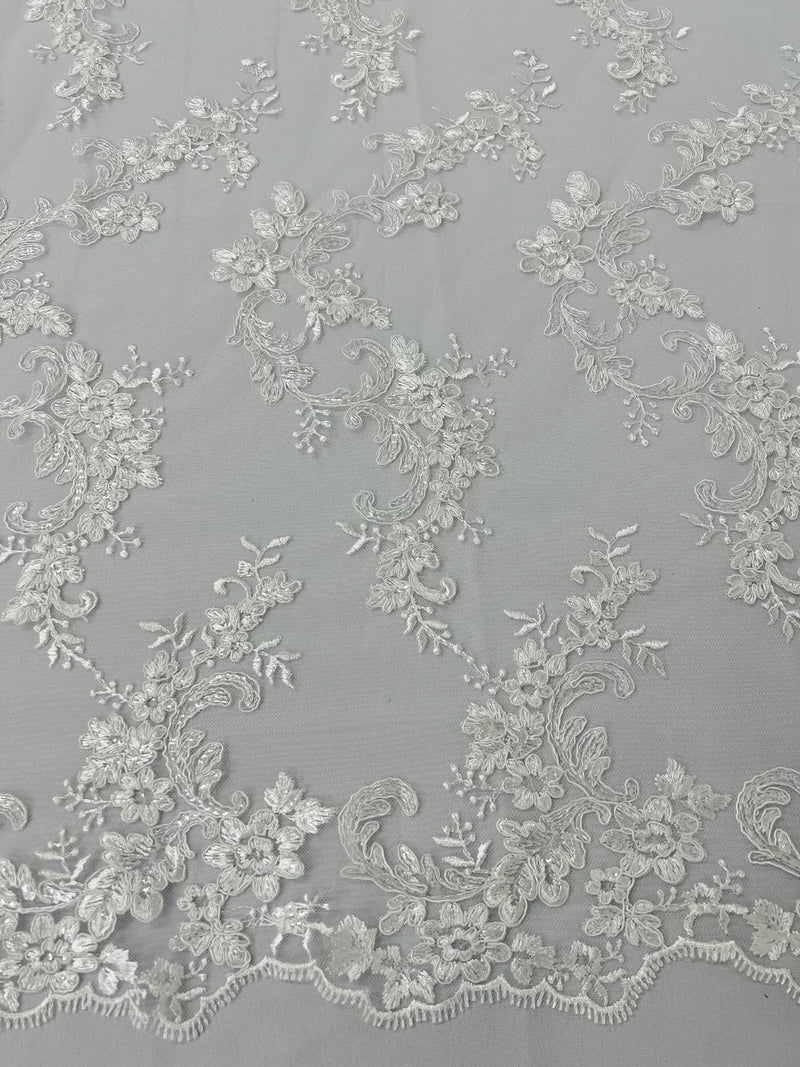 Floral Lace Fabric - White - Embroidered Flower Clusters with Sequins on a Mesh Lace By Yard