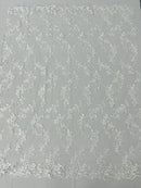Floral Lace Fabric - White - Embroidered Flower Clusters with Sequins on a Mesh Lace By Yard