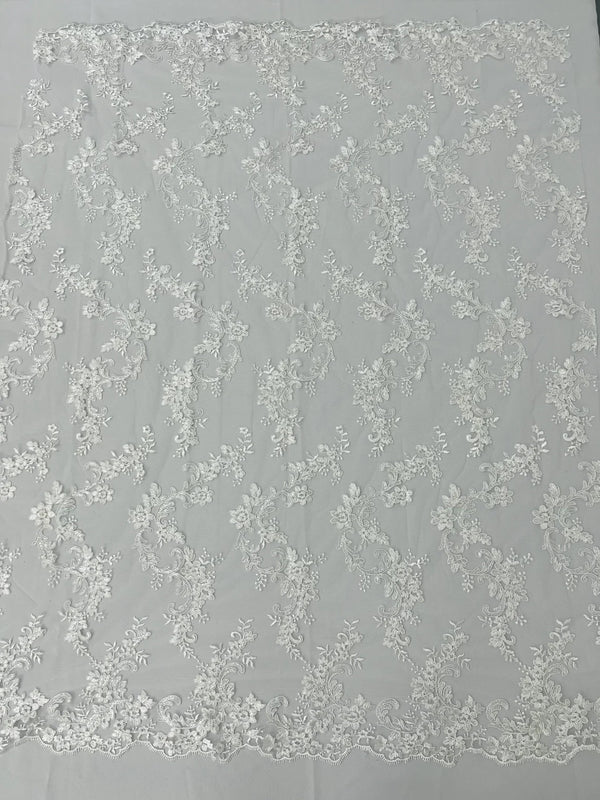 Floral Lace Fabric - White - Embroidered Flower Clusters with Sequins on a Mesh Lace By Yard