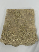 Floral Lace Fabric - Champagne - Embroidered Flower Clusters with Sequins on a Mesh Lace By Yard
