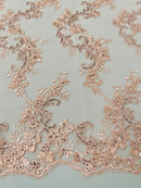 Floral Lace Fabric - Blush - Embroidered Flower Clusters with Sequins on a Mesh Lace By Yard