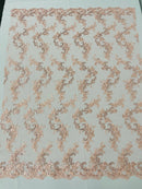 Floral Lace Fabric - Blush - Embroidered Flower Clusters with Sequins on a Mesh Lace By Yard