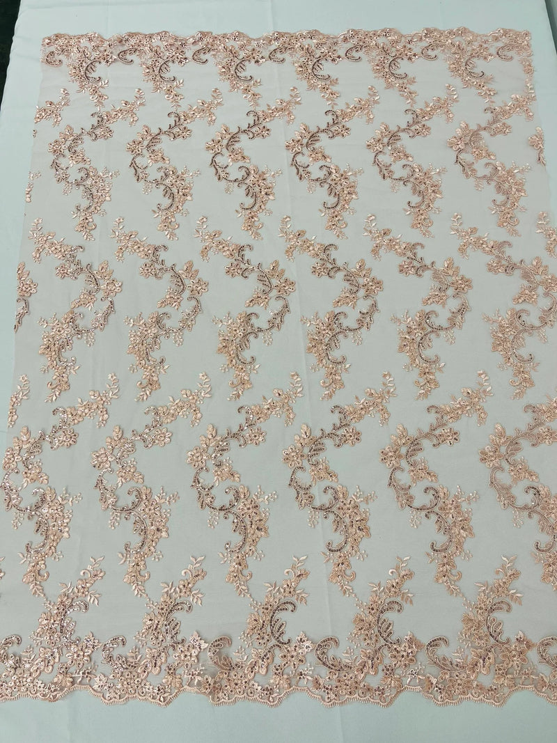 Floral Lace Fabric - Blush - Embroidered Flower Clusters with Sequins on a Mesh Lace By Yard