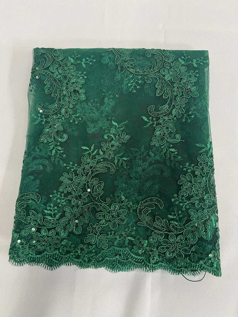 Floral Lace Fabric - Hunter Green - Embroidered Flower Clusters with Sequins on a Mesh Lace By Yard