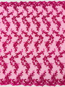 Floral Lace Fabric - Fuschia - Embroidered Flower Clusters with Sequins on a Mesh Lace By Yard