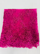 Floral Lace Fabric - Fuschia - Embroidered Flower Clusters with Sequins on a Mesh Lace By Yard