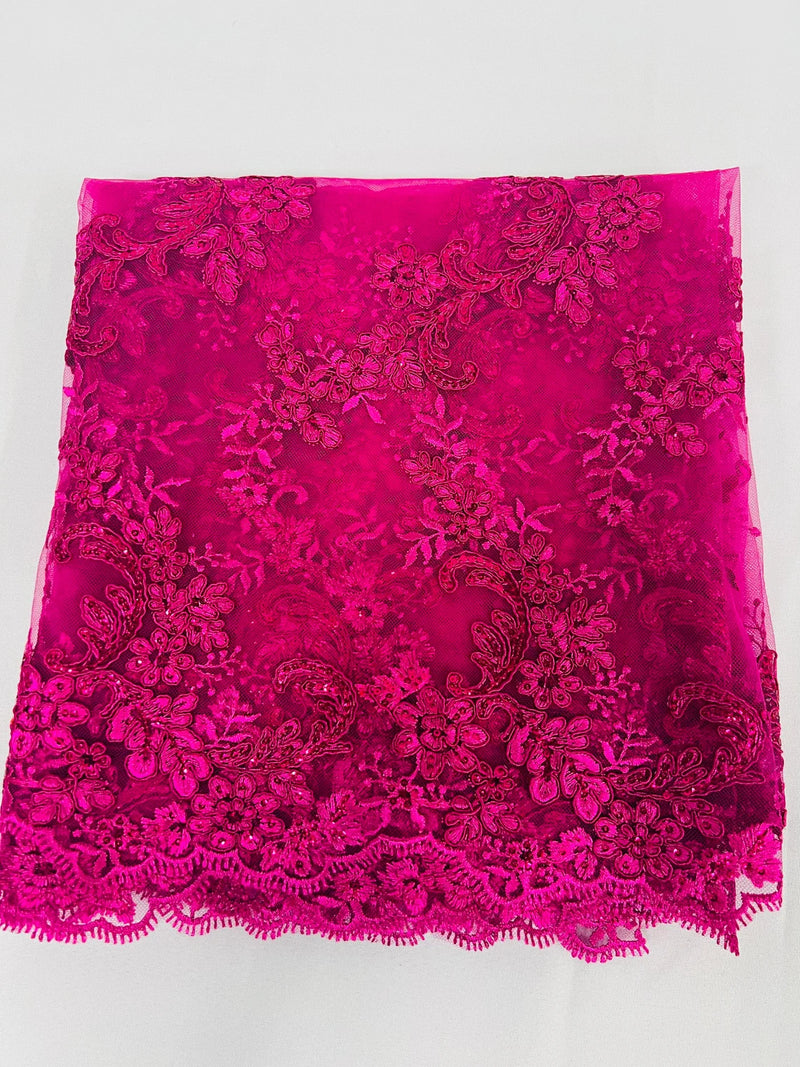 Floral Lace Fabric - Fuschia - Embroidered Flower Clusters with Sequins on a Mesh Lace By Yard