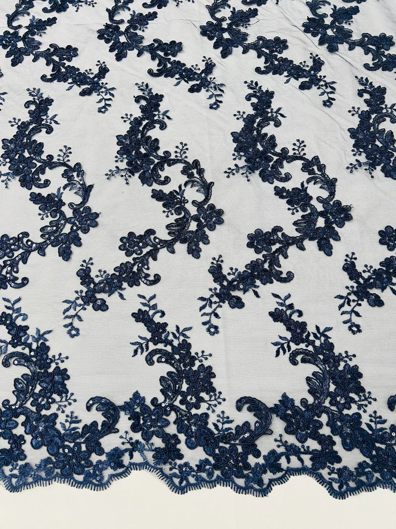 Floral Lace Fabric - Navy Blue - Embroidered Flower Clusters with Sequins on a Mesh Lace By Yard