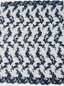 Floral Lace Fabric - Navy Blue - Embroidered Flower Clusters with Sequins on a Mesh Lace By Yard