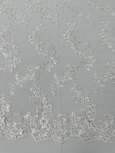 Floral Lace Fabric - Ivory - Embroidered Flower Clusters with Sequins on a Mesh Lace By Yard