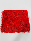 Floral Lace Fabric - Red - Embroidered Flower Clusters with Sequins on a Mesh Lace By Yard