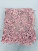 Floral Lace Fabric - Pink - Embroidered Flower Clusters with Sequins on a Mesh Lace By Yard