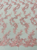 Floral Lace Fabric - Pink - Embroidered Flower Clusters with Sequins on a Mesh Lace By Yard