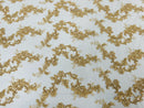Floral Lace Fabric - Gold - Embroidered Flower Clusters with Sequins on a Mesh Lace By Yard