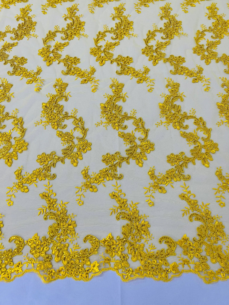 Floral Lace Fabric - Yellow - Embroidered Flower Clusters with Sequins on a Mesh Lace By Yard