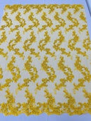 Floral Lace Fabric - Yellow - Embroidered Flower Clusters with Sequins on a Mesh Lace By Yard