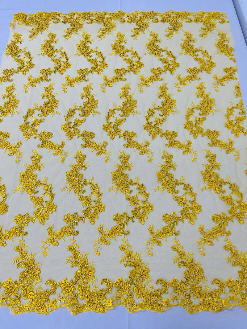 Floral Lace Fabric - Yellow - Embroidered Flower Clusters with Sequins on a Mesh Lace By Yard