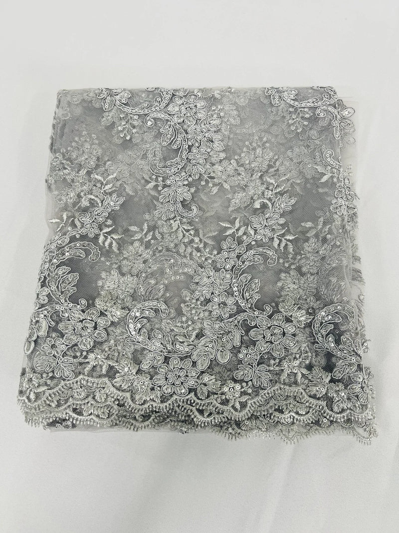 Floral Lace Fabric - Silver - Embroidered Flower Clusters with Sequins on a Mesh Lace By Yard