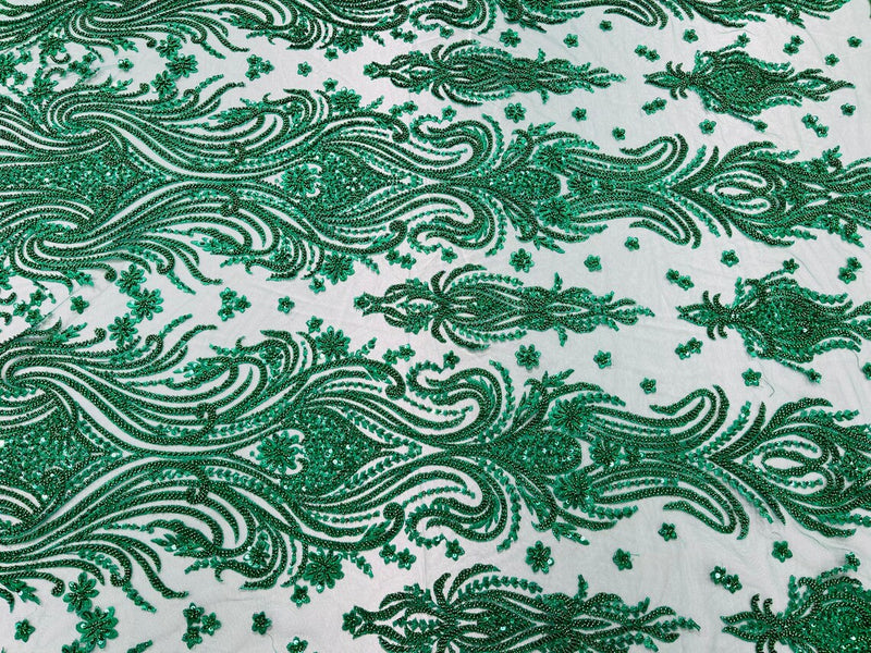 Luxury Bead Design - Emerald Green - Floral Fabric Embroidered w/ Pearls-Beads on Mesh Lace By Yard