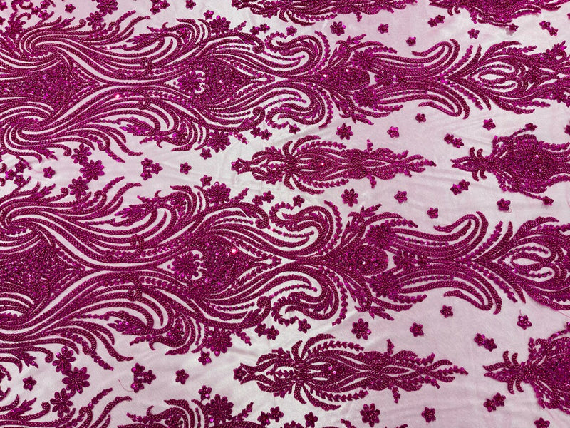 Luxury Bead Design - Magenta - Floral Fabric Embroidered w/ Pearls-Beads on Mesh Lace By Yard