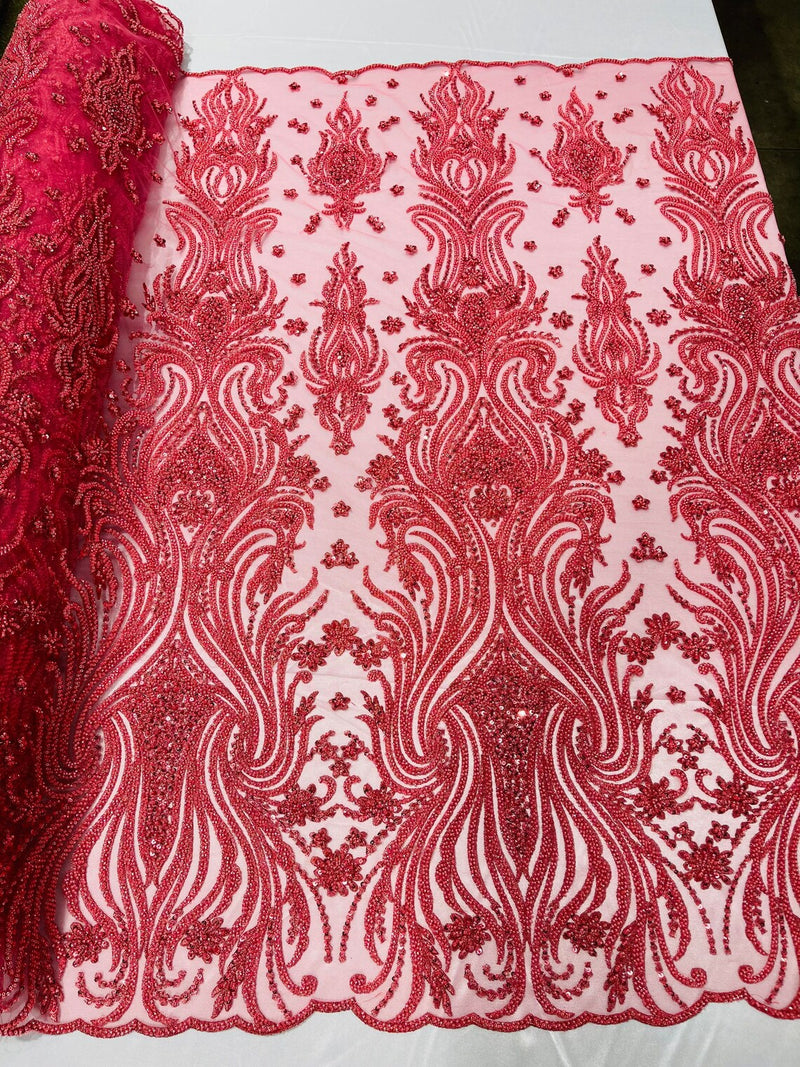 Luxury Bead Design - Coral - Floral Fabric Embroidered w/ Pearls-Beads on Mesh Lace By Yard