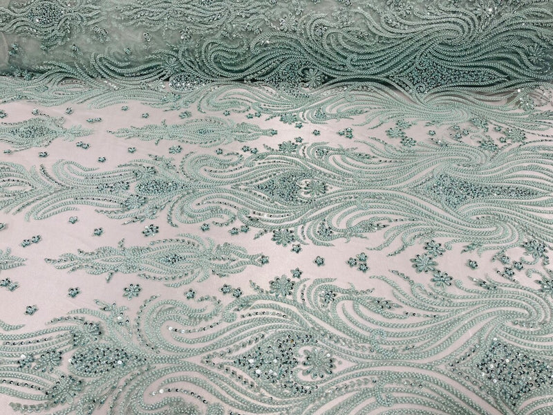 Luxury Bead Design - Mint - Floral Fabric Embroidered w/ Pearls-Beads on Mesh Lace By Yard