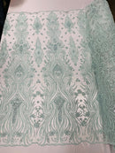 Luxury Bead Design - Mint - Floral Fabric Embroidered w/ Pearls-Beads on Mesh Lace By Yard