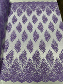 Floral Cluster Bead Fabric - Purple - Sold By The Yard - Embroidered Flower Beaded Fabric