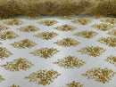 Floral Cluster Bead Fabric - Gold - Sold By The Yard - Embroidered Flower Beaded Fabric